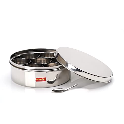 Sumeet Stainless Steel Flat Masala (Spice) Box/Organiser with Stainless steel Lid, 7 Containers and Small Spoon Size 13 (2.7Ltr) (22.5cm)