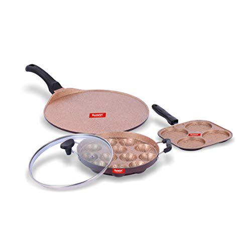 Sumeet Zorro Aluminium Mini Multi Snack Maker, Grill Appam Patra With Lid, Tawa, 3 Piece (Peach)