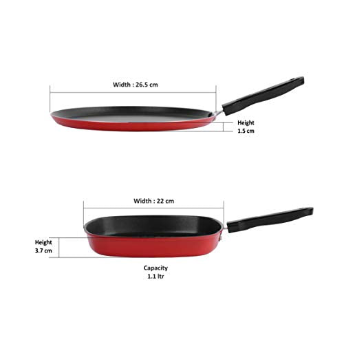 Sumeet 2.6mm Thick Non-Stick Berry Cookware Set (Dosa Tawa – 26.5cm Dia + Grill Pan – 1.1Ltr Capacity – 22cm Dia)