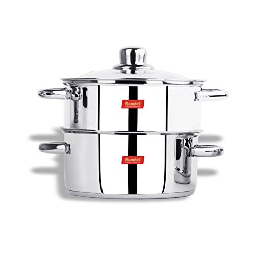 Sumeet Stainless Steel Induction Bottom (Encapsulated Bottom) Induction & Gas Stove Friendly 2 Tier Multi Purpose Steamer/MOMO - Modak Maker with Glass Lid, 21.8Cm