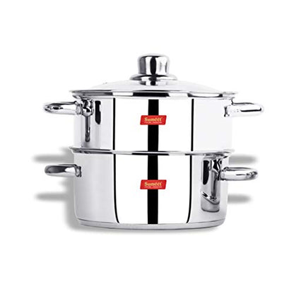Sumeet Stainless Steel Induction Bottom (Encapsulated Bottom) Induction & Gas Stove Friendly 2 Tier Multi Purpose Steamer/MOMO - Modak Maker with Glass Lid, 21.8Cm