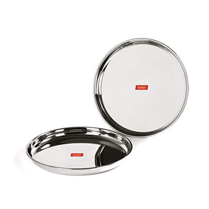 Sumeet Stainless Steel Heavy Gauge Deep Wall Dinner Plates with Mirror Finish 31.3cm Dia - Set of 2pc