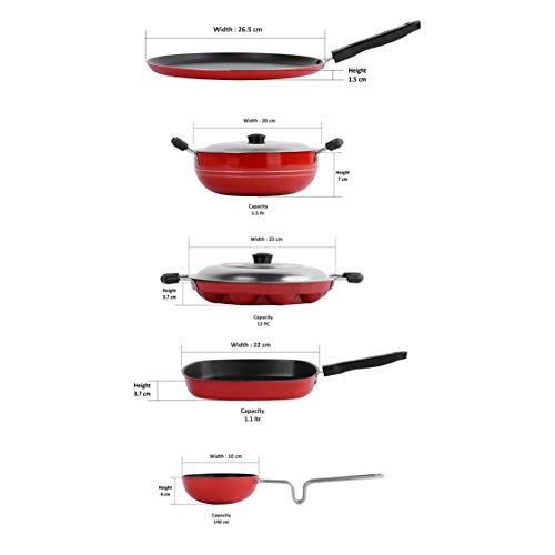 Sumeet 2.6mm Thick Non-Stick Jolet Cookware Set (Dosa Tawa – 26.5cm Dia + Kadhai with Lid – 1.5Ltr Capacity + Grill Appam Patra with Lid – 23cm Dia + Grill Pan – 1.1Ltr + Tadka Pan – 10cm Dia)