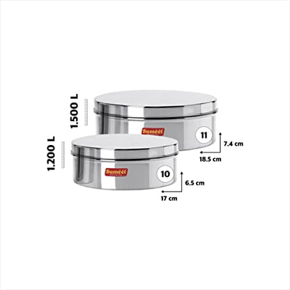 Sumeet Stainless Steel Flat Canisters/Puri Dabba/Storage Containers Set of 2Pcs (1.2Ltr,1.5Ltr)