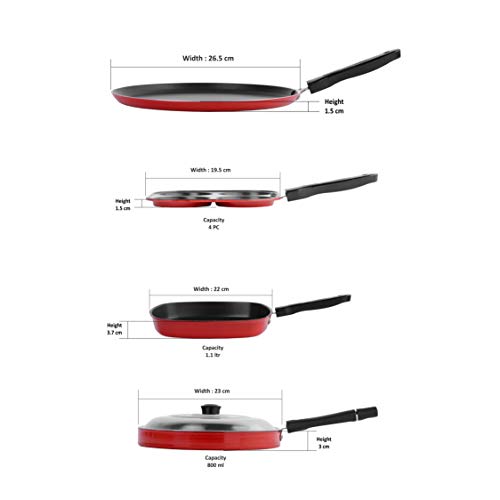 Sumeet 2.6mm Thick Non-Stick Vermell Cookware Set (Dosa Tawa – 26.5cm Dia + Mini Multi Snack Maker – 19.5cm Dia + Grill Pan – 1.1Ltr Capacity – 22cm Dia + Pizza Pan – 23cm Dia)