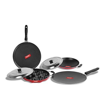 Sumeet 2.6mm Thick Non-Stick Reddo Cookware Set (Dosa Tawa – 26.5cm Dia + Grill Appam Patra with Lid – 23cm Dia + Concave Tawa – 28cm Dia + Appachatty – 22.2cm Dia)