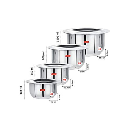 Sumeet Stainless Steel Friendly Tope/patila/cookware With Lids, 370ML, 550ML, 800ML, 1100ML, 4 Piece (Steel)