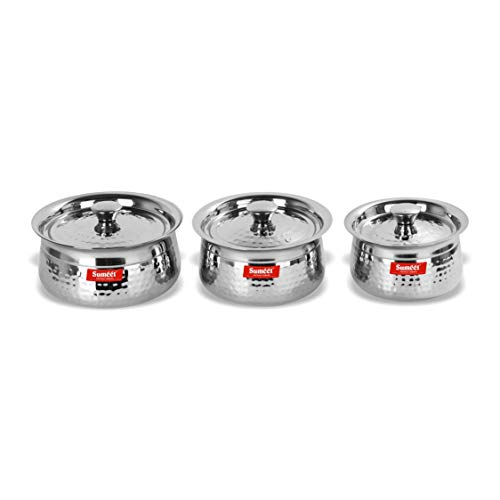 Sumeet Stainless Steel Handcrafted Hammered Texture 3 pc Induction & Gas Stove Friendly Cook and Serve Handi Set Set with Lids (Capacity -1 LTR, 1.2 LTR,1.7 LTR)