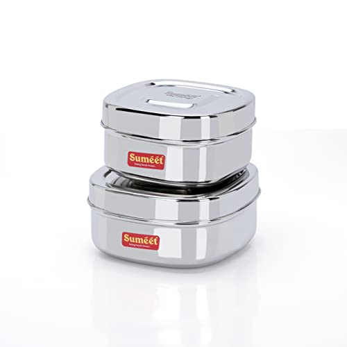 Sumeet Stainless Steel Square Storage containers Box/Dabba for Kitchen, Set of 2Pcs, 700ml & 1000ml,12.5cm & 14cm Dia, Silver