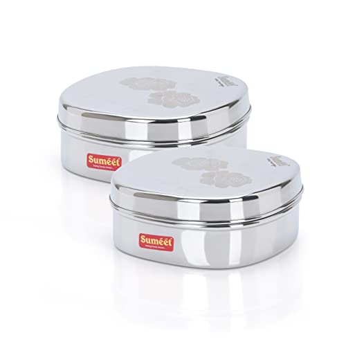 Sumeet Stainless Steel Designer Square Storage containers Box/Dabba for Kitchen, Set of 2Pcs, 600ml, 13.5cm Dia, Silver