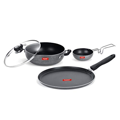 Sumeet NonStick Volafotsy Cookware Set (Dosa Tawa - 26.5Cm Dia + Kadhai with Glass Lid -2Ltr - 22Cm Dia + Waghariya/Tadka pan - 190Ml - 10Cm Dia)