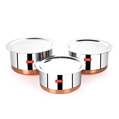 Sumeet Stainless Steel Copper Bottom 3Pc Big Size Tope Set with Lid (4.70L, 5.7Ltr, 6.7Ltr)