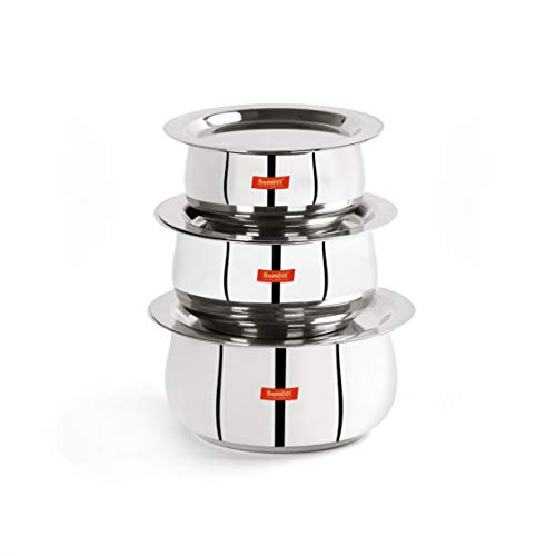 Sumeet Stainless Steel Belly Shape 3 Pc Tope / Cookware/ Pot Set with Lid 380ML, 500ML, 780ML, (Silver)