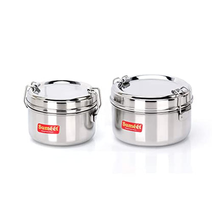 Sumeet Stainless Steel Meal Pack Lunch Box / Tiffin with Steel Separator Plate and Locking Clip, Set of 2Pc, 250ML & 300ML, 9.5cm & 11.5cm Dia, Silver