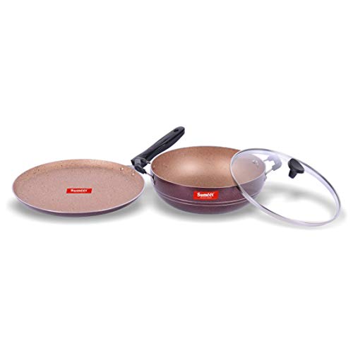 Sumeet Nonstick Granite Finish Popular 2pc Combo Set (Dosa Tawa - 26.5cm Dia + Kadhai with Glass Lid - 2.5 LTR Capacity - 24.5cm Dia)