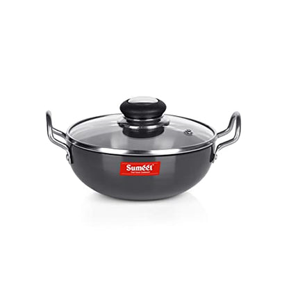 Sumeet 3mm Hard Anodized Deep kadai with Glass Lid Small Size No. - 9 (17cm Dia. 750ML Capacity)