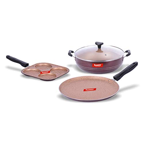 Sumeet Nonstick Granite Finish REVANTIO 3 pc Cookware Set (Mini Multi Snack Maker - 4 Cavity - 19.5cm Dia + Dosa Tawa - 26.5cm Dia + Kadhai with Glass Lid - 2.5 LTR Capacity - 24.5cm Dia)