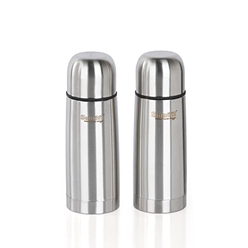 Sumeet Stainless Steel Double Walled Flask / Water Bottle, with Flip Lid, 24 Hours Hot and Cold, 400 ml, Silver - Set of 2 Pcs