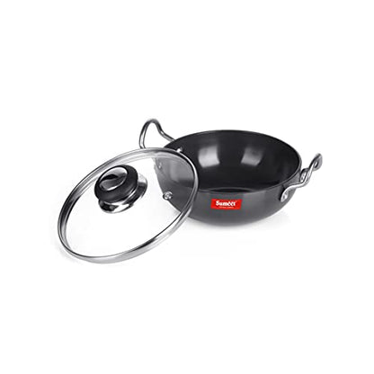 Sumeet 3mm Hard Anodized Deep kadai with Glass Lid Small Size No. - 9 (17cm Dia. 750ML Capacity)