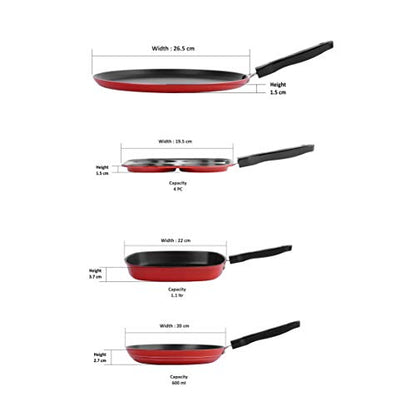 Sumeet 2.6mm Thick Non-Stick SOR Cookware Set (Dosa Tawa – 26.5cm Dia + Mini Multi Snack Maker – 19.5cm Dia + Grill Pan – 1.1Ltr Capacity – 22cm Dia + Tapper pan – 20cm Dia)