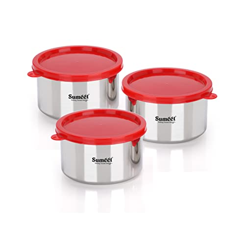 Sumeet Stainless Steel Airtight & Leak Proof Food Storage Container, 650ML, 12CM, Pack of 3PC, Silver