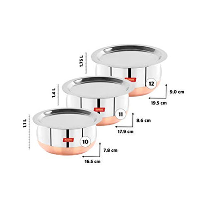 Sumeet Stainless Steel Copper Bottom Belly Shape 3 Pc Tope / Cookware/ Pot Set with Lid 1.1Ltr, 1.4Ltr, 1.75Ltr (Silver)