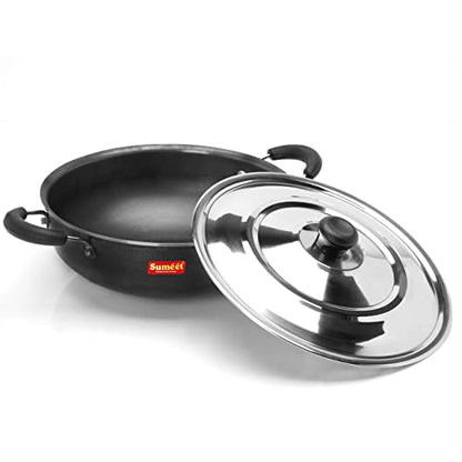 Sumeet Pre Seasoned Iron Kadai 2.5mm Thick with Stainless Steel Lid (Double Side Handle) 25.2 cm, 3Ltr