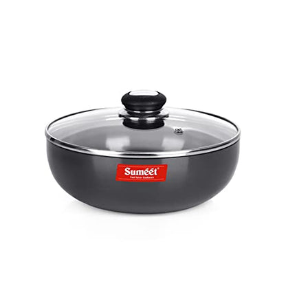 Sumeet 3mm Hard Anodized Deep Tasla with Glass Lid Size No. - 12 (22.5cm Dia. 2.3 LTR Capacity)