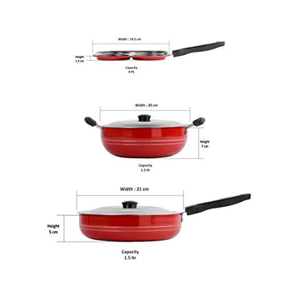 Sumeet 2.6mm Thick Non-Stick Garnet Combo Set (Mini Multi Snack Maker – 19.5cm Dia + Kadhai with Lid – 1.5Ltr Capacity- 20cm Dia + Fry pan – 1.5Ltr Capacity – 21cm Dia)