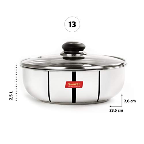 Sumeet Stainless Steel Encapsulated Bottom Induction and Gas Stove Friendly Tasra with Glass Lid - (2.5Ltr - 23.5cm), Silver