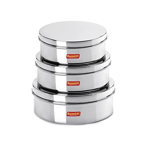 Sumeet Stainless Steel Flat Canisters/Puri Dabba/Storage Containers Set of 3Pcs (1.5Ltr,2.1Ltr,2.7Ltr)