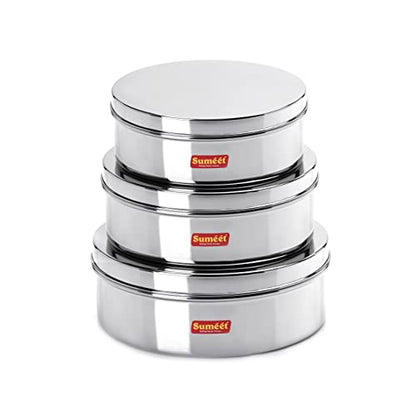 Sumeet Stainless Steel Flat Canisters/Puri Dabba/Storage Containers Set of 3Pcs (1.2Ltr,1.5Ltr,2.1Ltr)