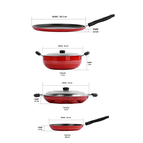 Sumeet 2.6mm Thick Non-Stick Erythro Cookware Set (Dosa Tawa – 26.5cm Dia + Kadhai with Lid – 1.5Ltr Capacity- 20cm Dia + Grill Appam Patra with Lid – 23cm Dia + Tapper pan – 20cm Dia)