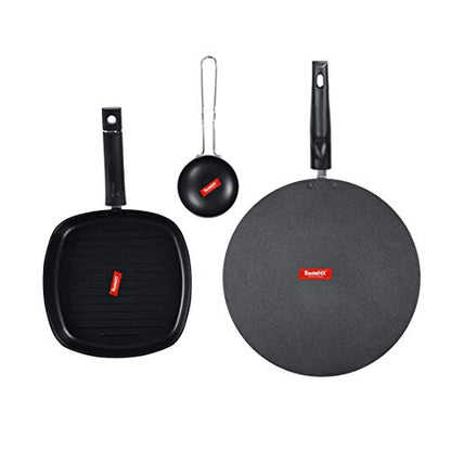 Sumeet NonStick Siva Cookware Set (Flat Tawa - 30.5cm Dia + Grill Pan-22cm Dia + Waghariya/Tadka pan - 190Ml - 10Cm Dia)