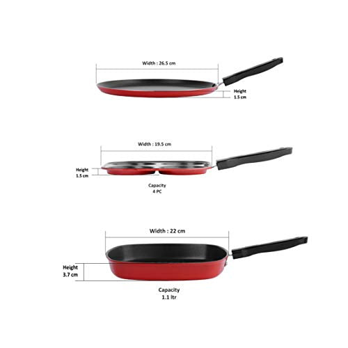 Sumeet 2.6mm Thick Non-Stick Redson Combo Set (Dosa Tawa – 26.5cm Dia + Multi Snack Maker – 26.5cm Dia + Grill Pan – 1.1Ltr Capacity – 22cm Dia)