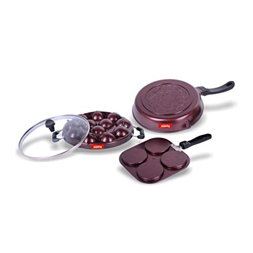 Sumeet Nonstick Granite Finish Grim 3pc Kitchen Set (Mini Multi Snack Maker - 4 Cavity - 19.5cm Dia + Grill Appam Patra with Glass Lid - 12 Cavity - 23cm Dia + Round Grill Pan 25.5cm Dia)