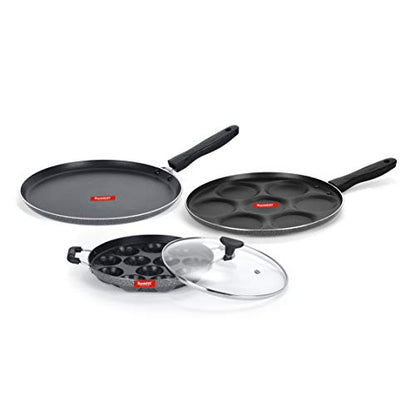 Sumeet NonStick Kulay-ABO Cookware Set (Dosa Tawa - 26.5Cm Dia + Multi Snack Maker - 7 Cavity - 26.5Cm Dia + Grill Appam Patra with Glass Lid - 12 Cavity - 22cm Dia)