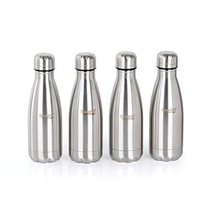 Sumeet Stainless Steel Double Walled Flask / Water Bottle, 24 Hours Hot and Cold, 400 ml, Silver - Set of 4 Pcs