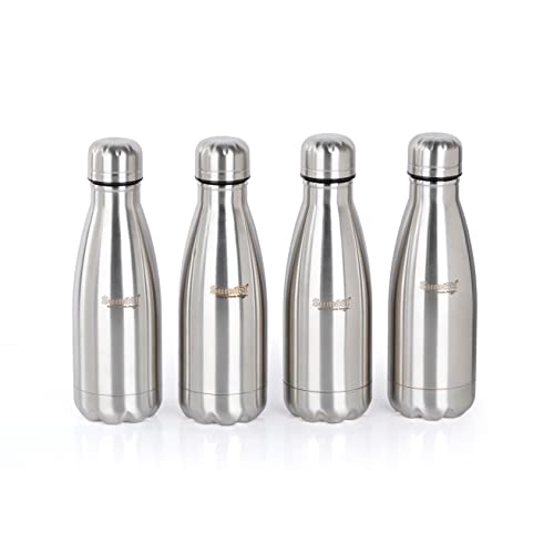 Sumeet Stainless Steel Double Walled Flask / Water Bottle, 24 Hours Hot and Cold, 400 ml, Silver - Set of 4 Pcs