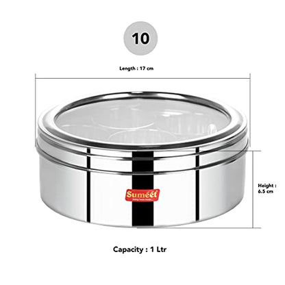 Sumeet Stainless Steel Round Masala (Spice) Box / Organiser with See Through Lid With 7 Containers and Small Spoon Size 10 (1Ltr) (17cm)