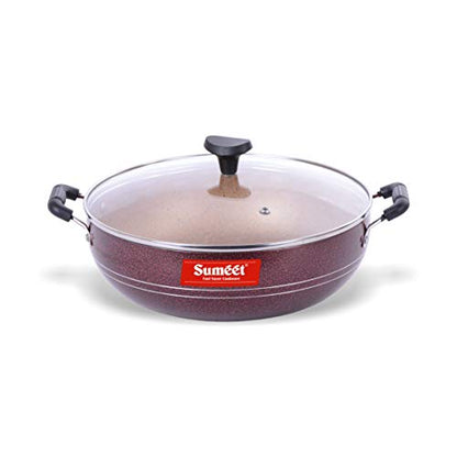 Sumeet Nonstick Granite Finish Deep Kadhai with Tempered Glass Lid - 2.5 LTR Capacity - 24.5cm Dia