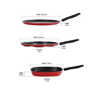 Sumeet 2.6mm Thick Non-Stick Burgundy Combo Set (Dosa Tawa – 26.5cm Dia + Multi Snack Maker – 26.5cm Dia + Grill Pan – 1.1Ltr Capacity – 22cm Dia)