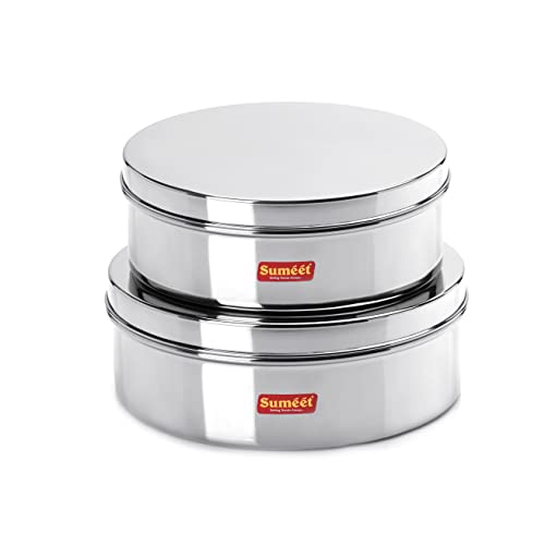 Sumeet Stainless Steel Flat Canisters/Puri Dabba/Storage Containers Set of 2Pcs (1.2Ltr,1.5Ltr)