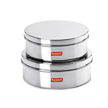 Sumeet Stainless Steel Flat Canisters/Puri Dabba/Storage Containers Set of 2Pcs (2.1Ltr,2.7Ltr)