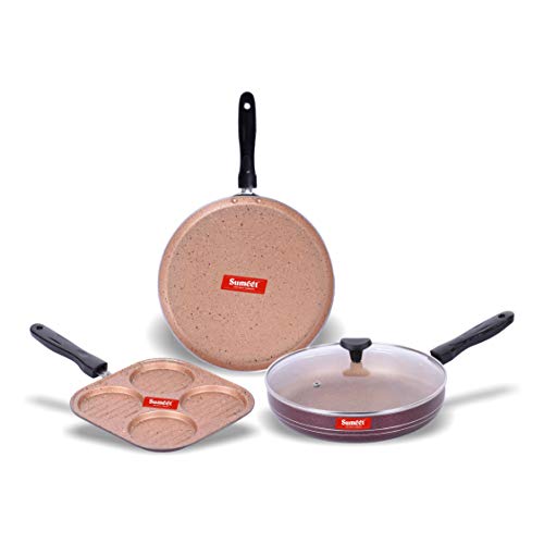 Sumeet Nonstick Granite Finish Tranquil 3 pc Cookware Set (Mini Multi Snack Maker - 4 Cavity - 19.5cm Dia + Dosa Tawa - 26.5cm Dia + Fry Pan with Glass Lid 1.8 LTR Capacity - 24cm Dia)