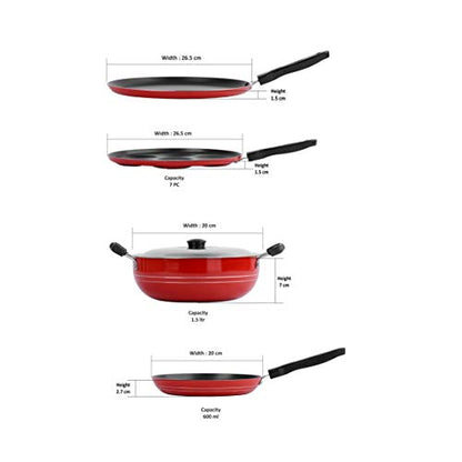 Sumeet 2.6mm Thick Non-Stick Rossu Cookware Set (Dosa Tawa – 26.5cm Dia + Multi Snack Maker – 26.5cm Dia + Kadhai with Lid – 1.5Ltr Capacity- 20cm Dia + Tapper pan – 20cm Dia)