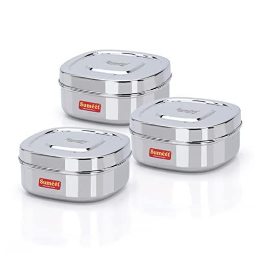 Sumeet Stainless Steel Square Storage containers Box/Dabba for Kitchen, Set of 3Pcs, 1000ml, 14cm Dia, Silver
