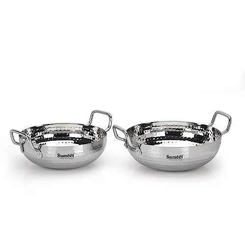 Sumeet Stainless Steel Handcrafted Hammered Mathar Kadai for Kitchen, Medium & Big Size, 2250ML & 2850ML, 22cm & 24cm Dia, Pack of 2, Silver