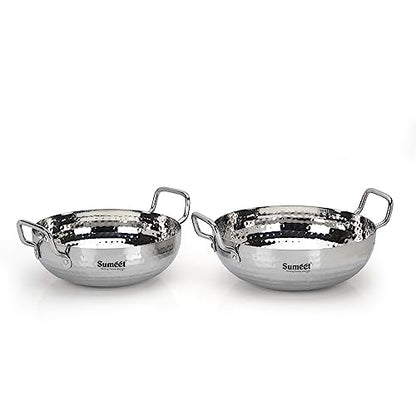 Sumeet Stainless Steel Handcrafted Hammered Mathar Kadai for Kitchen, Medium & Big Size, 2250ML & 2850ML, 22cm & 24cm Dia, Pack of 2, Silver