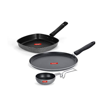 Sumeet NonStick Grau Cookware Set (Dosa Tawa - 26.5Cm Dia + Grill Pan-22cm Dia + Waghariya/Tadka pan - 190Ml - 10Cm Dia)